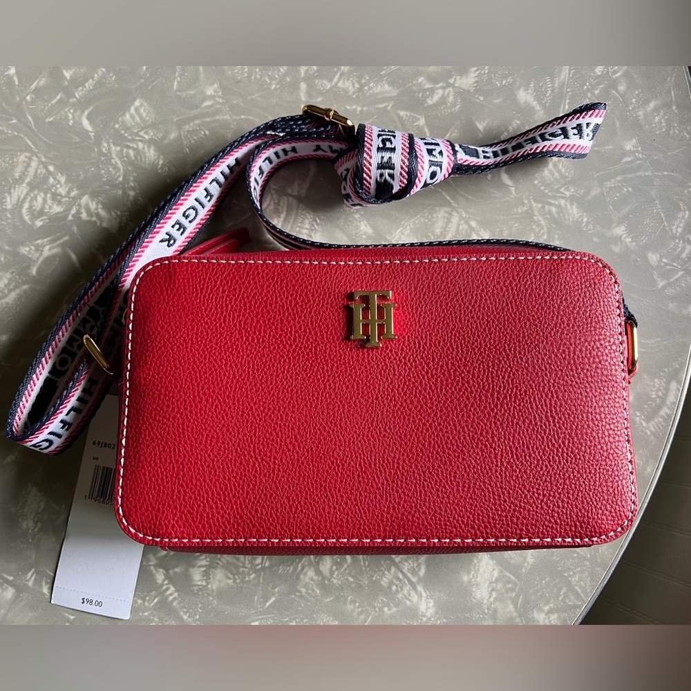 Tommy Hilfiger Red with signature blue/red/white name straps crossbody bag